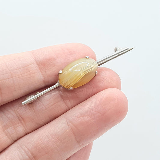 Antique Solid Silver Banded Agate Brooch Pin Oval Cabochon Striped Quartz Gemstone Womens Mens Jewelry Jewellery Vintage
