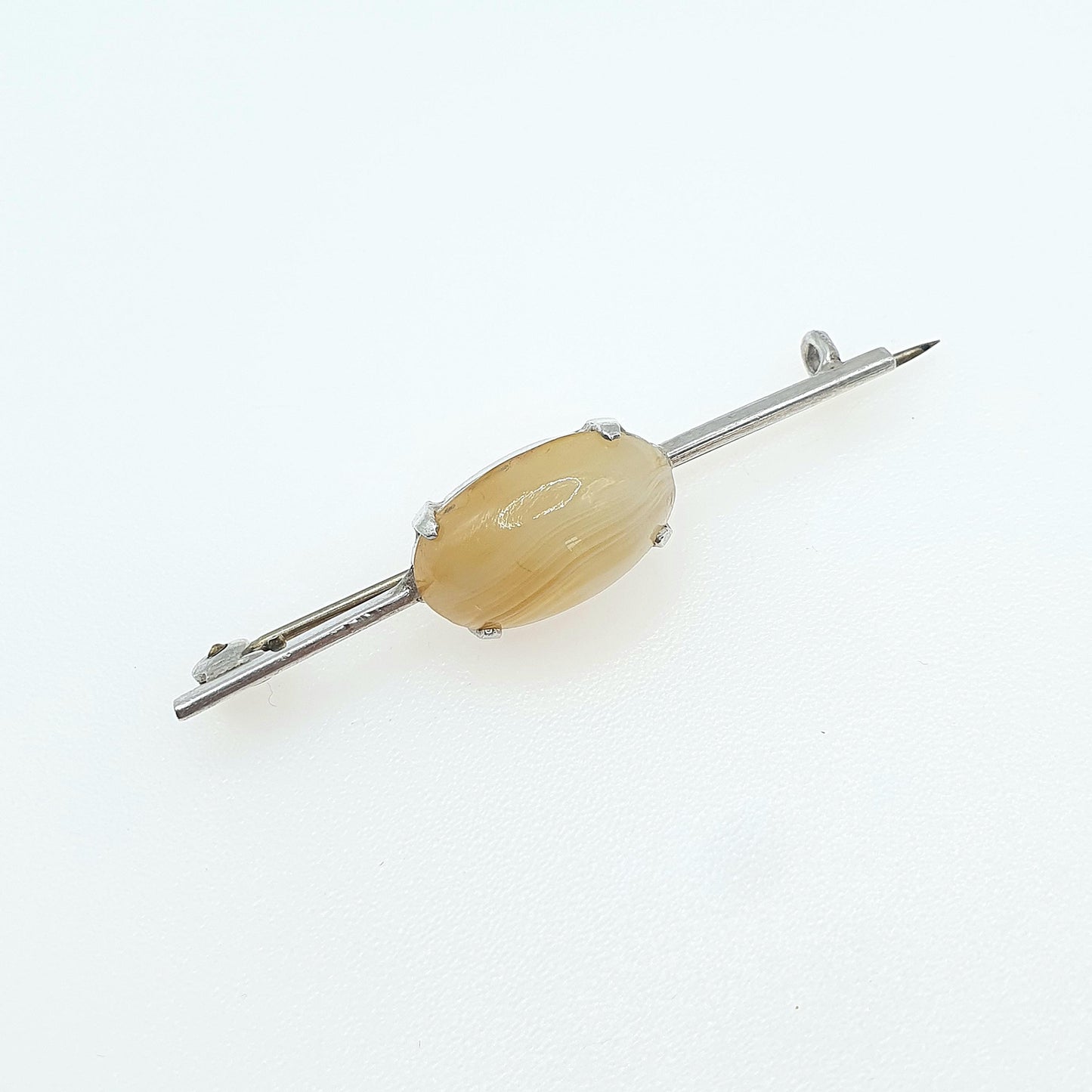 Antique Solid Silver Banded Agate Brooch Pin Oval Cabochon Striped Quartz Gemstone Womens Mens Jewelry Jewellery Vintage