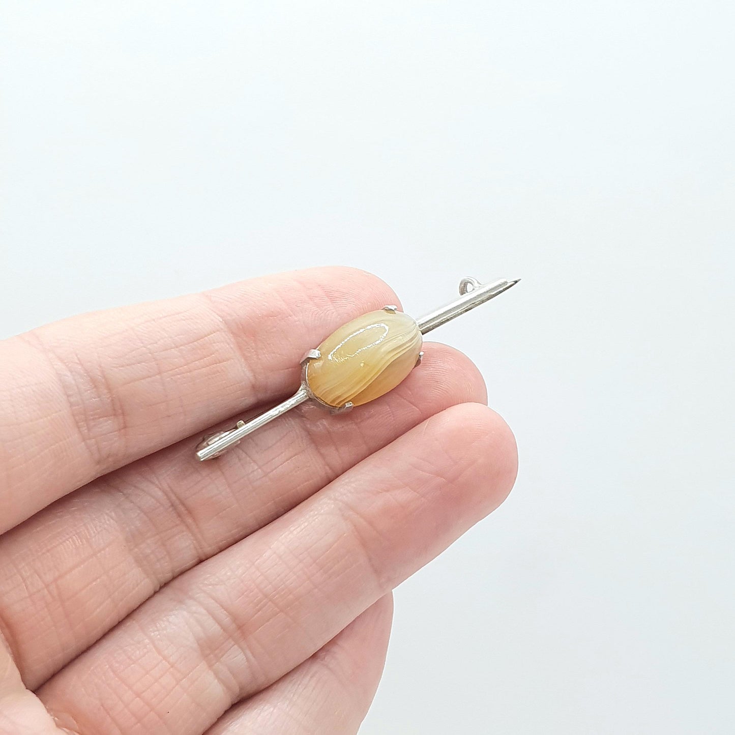 Antique Solid Silver Banded Agate Brooch Pin Oval Cabochon Striped Quartz Gemstone Womens Mens Jewelry Jewellery Vintage