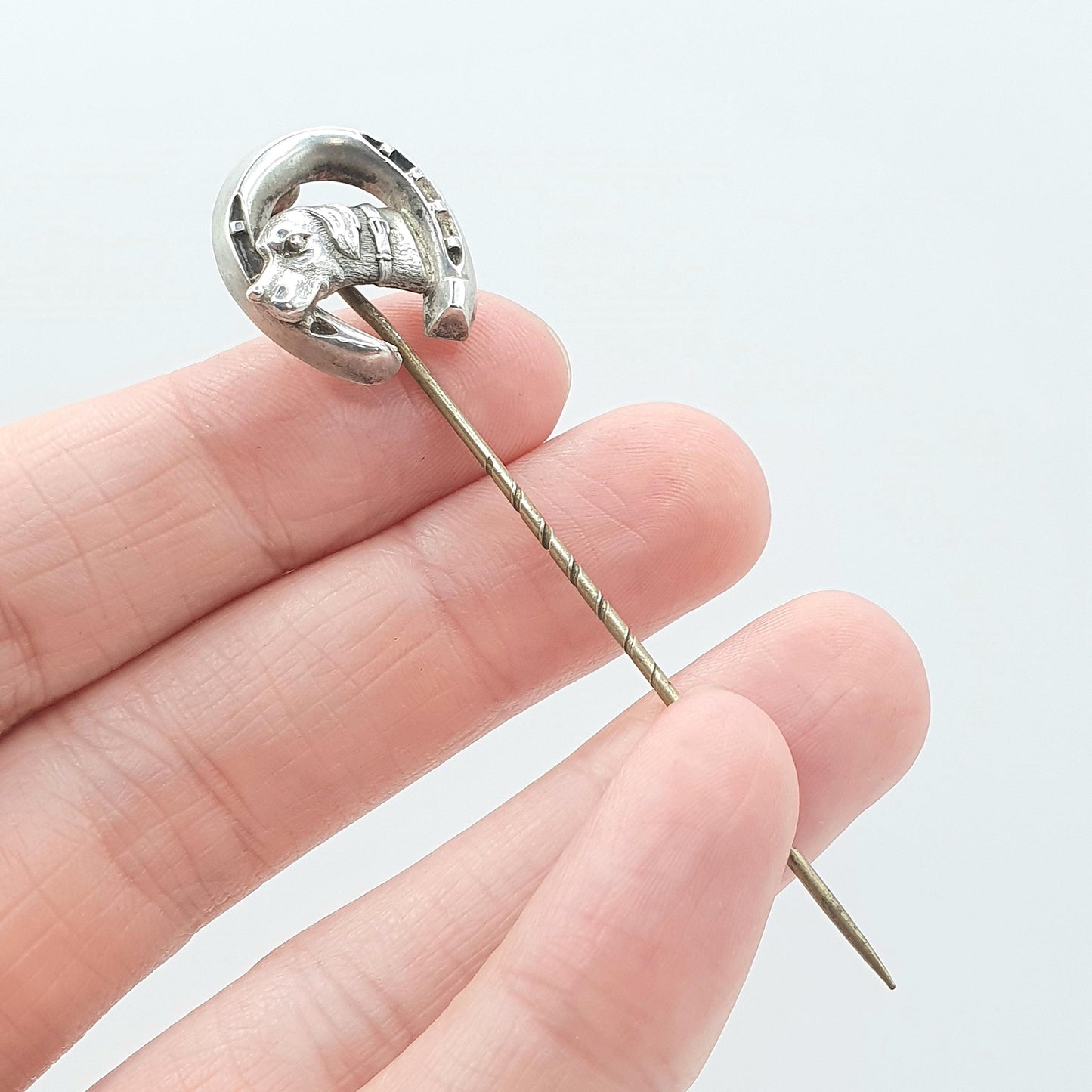 Antique Victorian Solid Silver Dog & Horseshoe Stick Pin Luck  Good Lucky Hunting Vintage Lapel Jacket Jewellery Jewelry