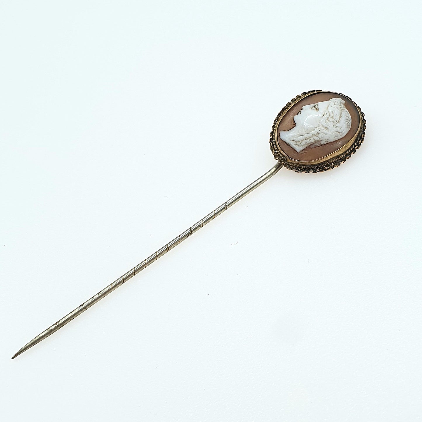 Antique Victorian Cameo Stick Pin Gold Tone Base Metal Hand Carved Shell Lady Goddess Vintage Lapel Jewelry Jewellery