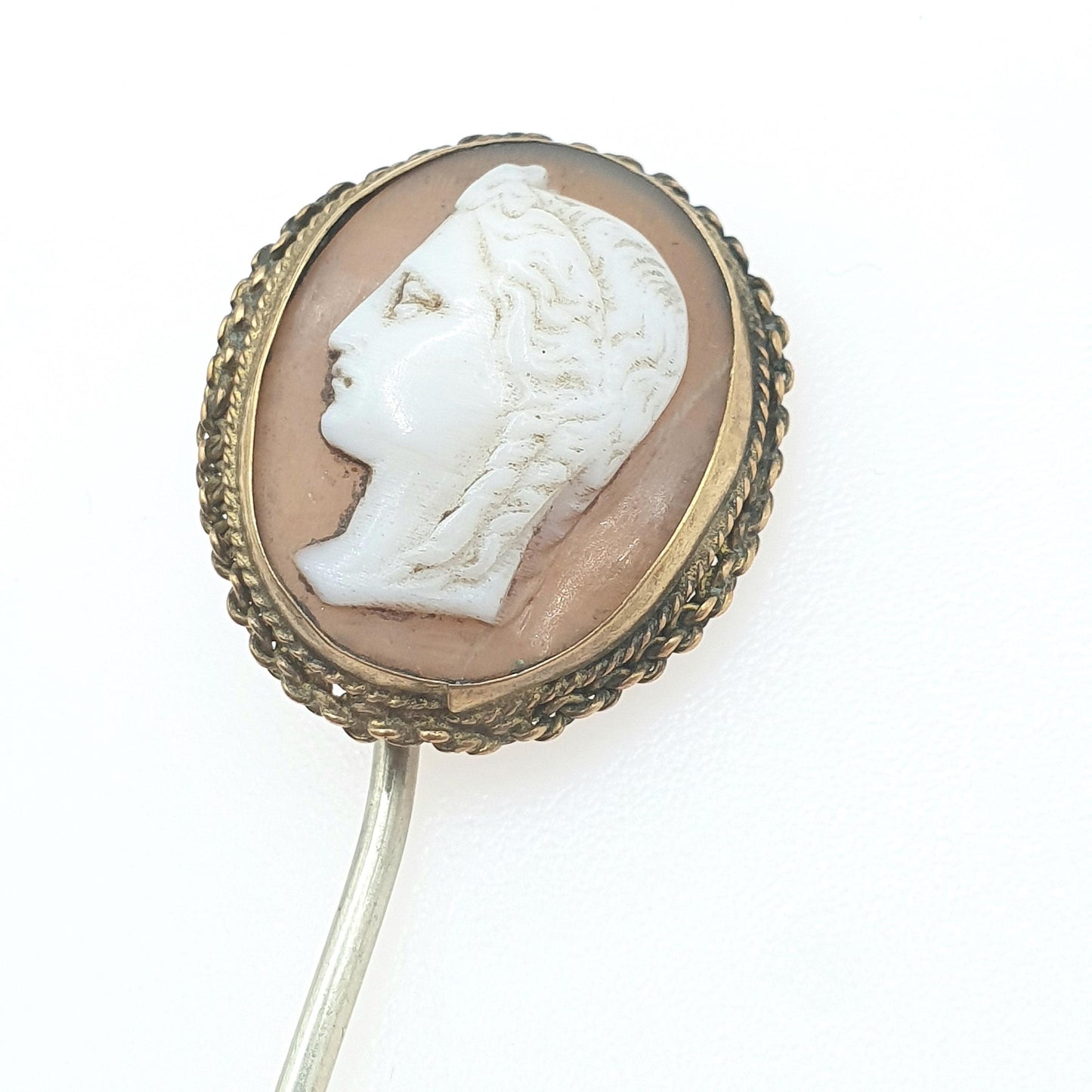 Antique Victorian Cameo Stick Pin Gold Tone Base Metal Hand Carved Shell Lady Goddess Vintage Lapel Jewelry Jewellery
