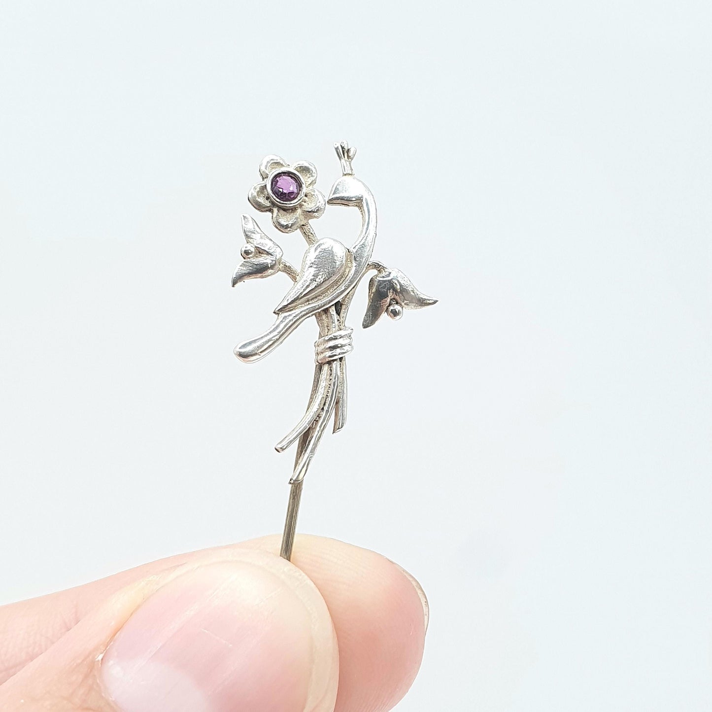 Antique Art Nouveau Sterling Silver Bird Amethyst Stick Pin Art Nouveau Gemstone Lapel Vintage Jacket Coat Mens Gents Jewelry Jewellery
