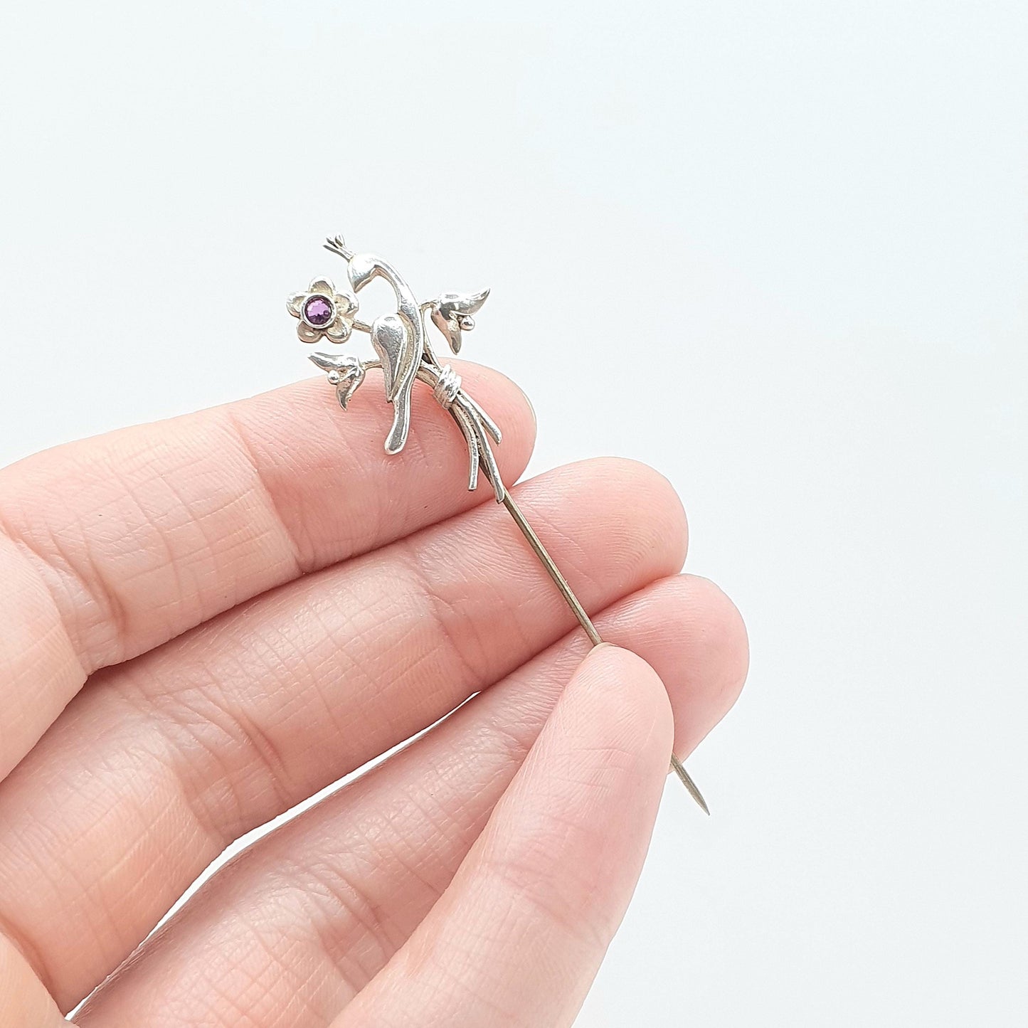 Antique Art Nouveau Sterling Silver Bird Amethyst Stick Pin Art Nouveau Gemstone Lapel Vintage Jacket Coat Mens Gents Jewelry Jewellery