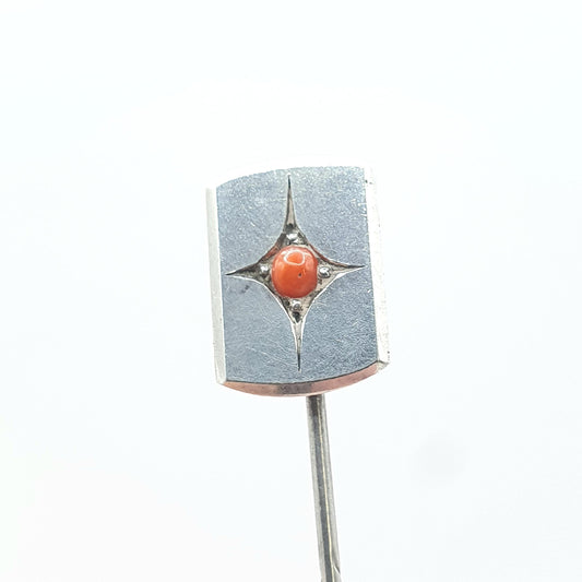 Antique Sterling Silver Coral Stick Pin Rectangular Star Centre Vintage Gents Mens Women’s Lapel Jacket Pin Jewelry Jewellery