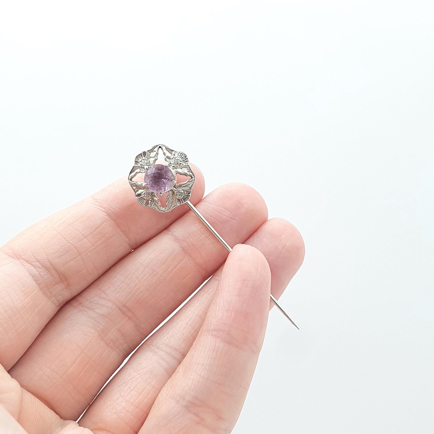 Vintage Sterling Silver JOHN HART Amethyst Thistle Stick Pin Iona Scottish Flower Gemstone Lapel Jacket Jewelry Jewellery