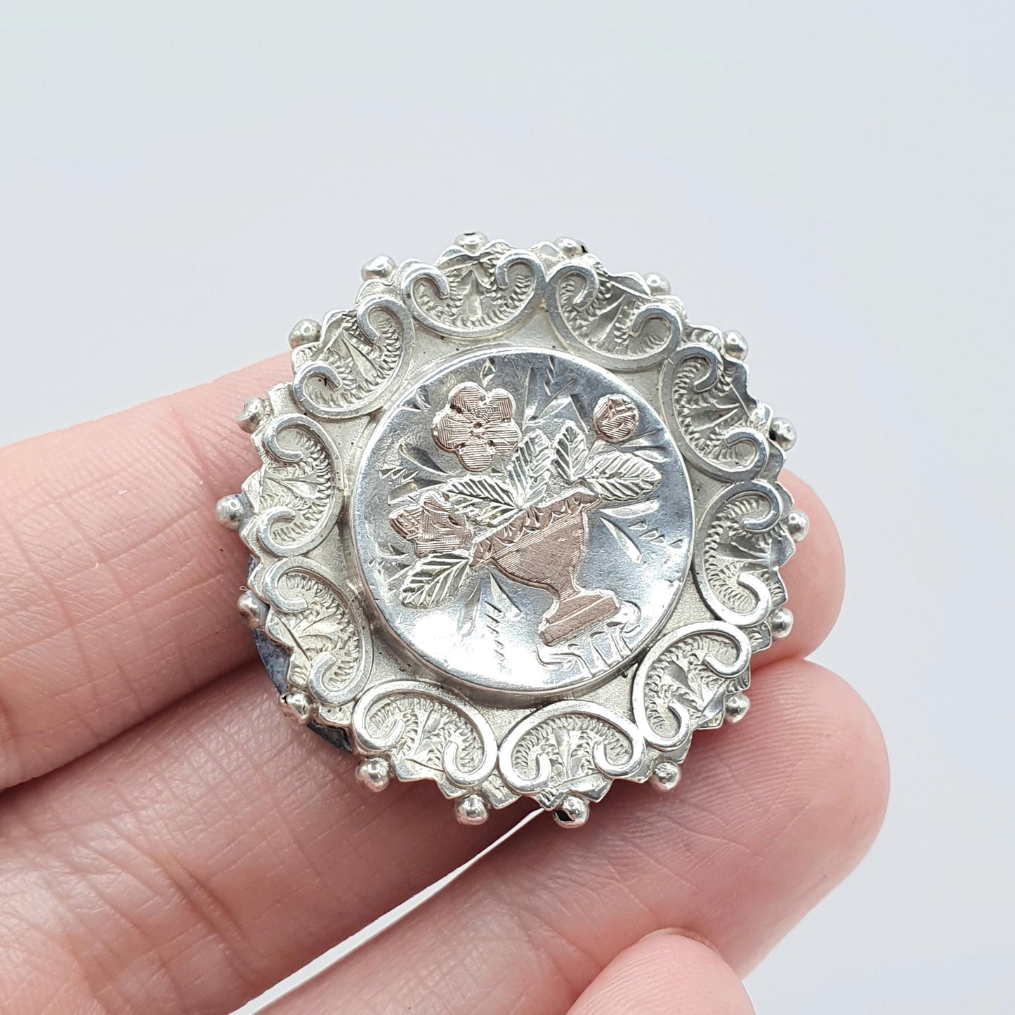Antique Victorian Sterling Silver Flower Basket Brooch Rose Gold 1885 Hallmark Women Jewellery Jewelry Vintage Mens