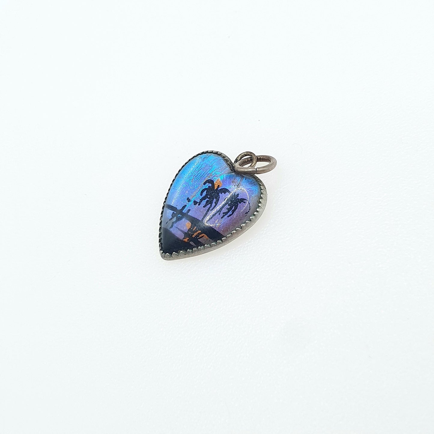 Antique Art Deco Butterfly Wing Heart Charm Pendant Palm Tree Silver Plate Vintage Blue Bug Fly Insect Rare Jewelry Jewellery Necklace