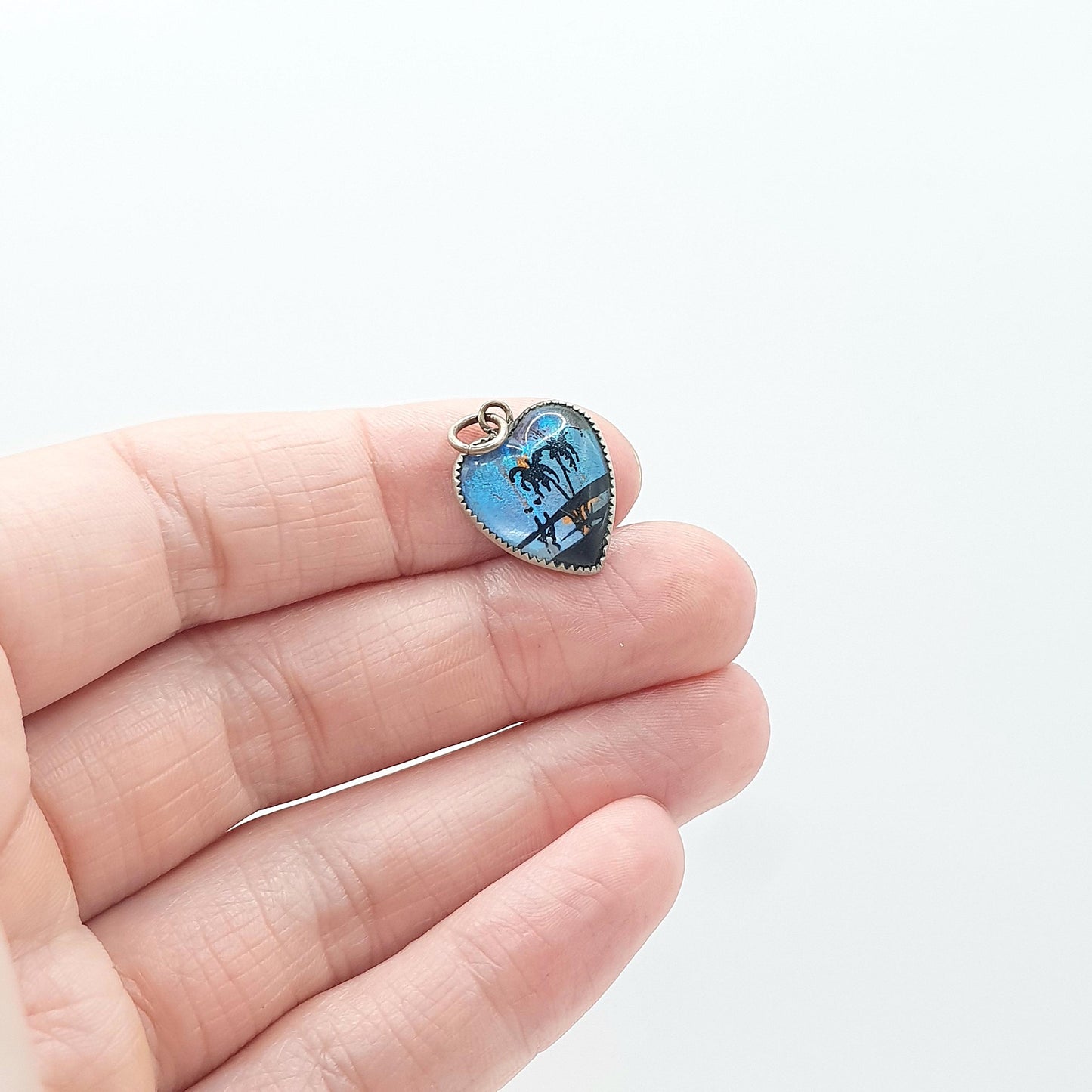 Antique Art Deco Butterfly Wing Heart Charm Pendant Palm Tree Silver Plate Vintage Blue Bug Fly Insect Rare Jewelry Jewellery Necklace