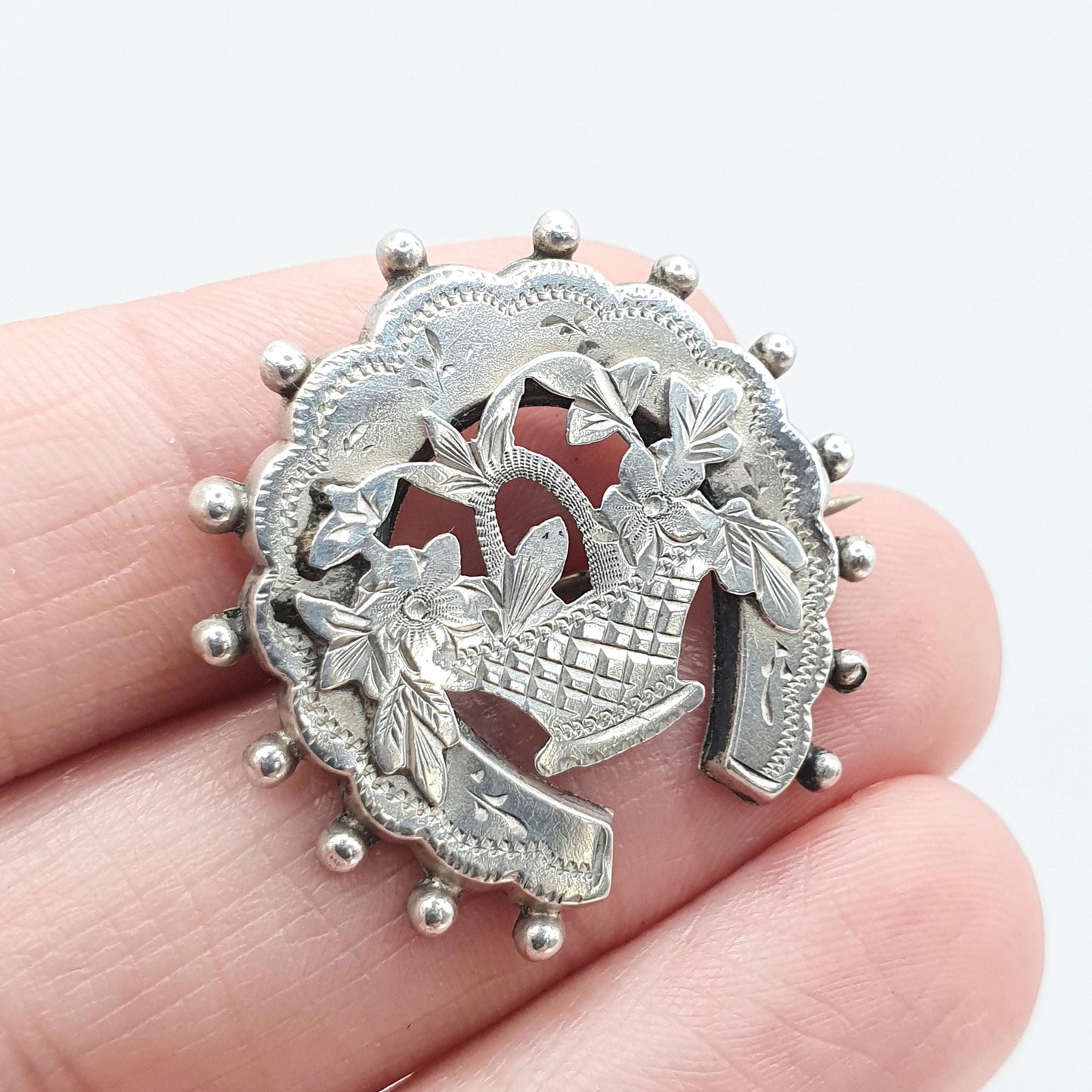 Antique Sterling Silver Horseshoe & Flower Basket Brooch Giardinetti 1897 Hallmark Good Luck Womens Jewelry Jewellery Vintage