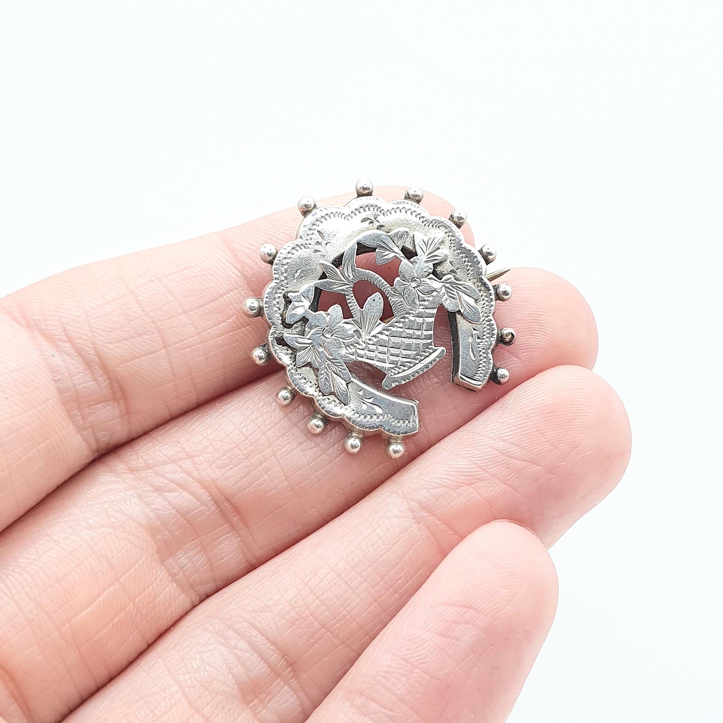 Antique Sterling Silver Horseshoe & Flower Basket Brooch Giardinetti 1897 Hallmark Good Luck Womens Jewelry Jewellery Vintage
