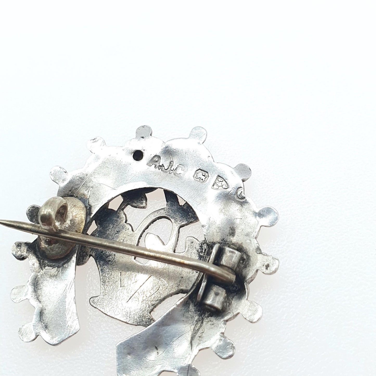 Antique Sterling Silver Horseshoe & Flower Basket Brooch Giardinetti 1897 Hallmark Good Luck Womens Jewelry Jewellery Vintage