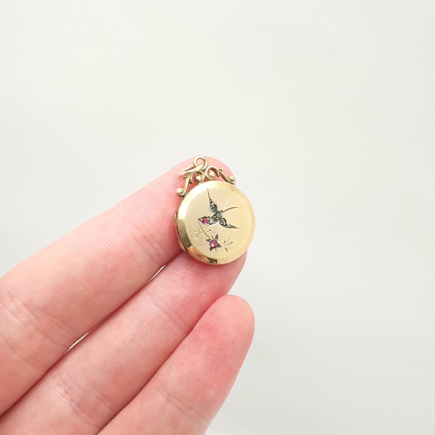 Antique 9ct 9k Gold Bird Locket Ruby Diamond Pastes Back and Front Cute Solid 375 Pendant Vintage Womens Jewelry Jewellery