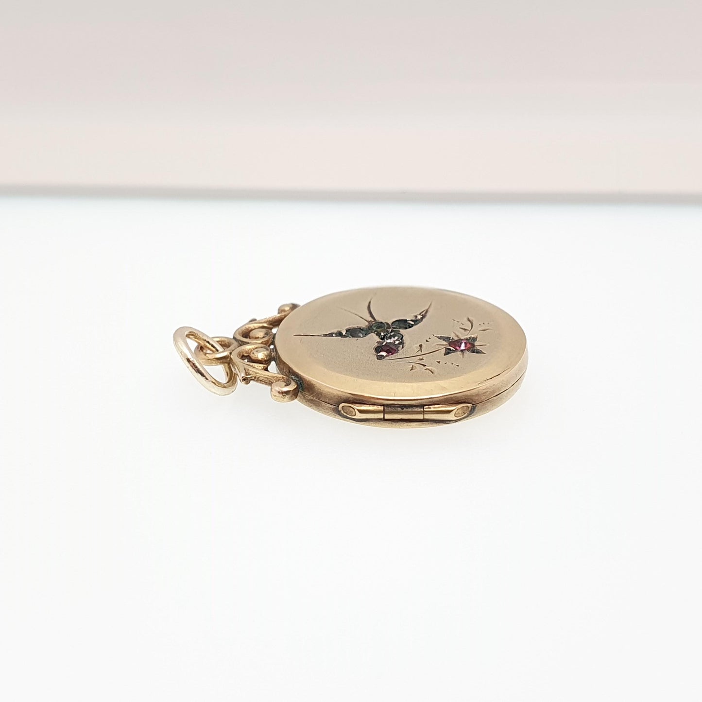 Antique 9ct 9k Gold Bird Locket Ruby Diamond Pastes Back and Front Cute Solid 375 Pendant Vintage Womens Jewelry Jewellery