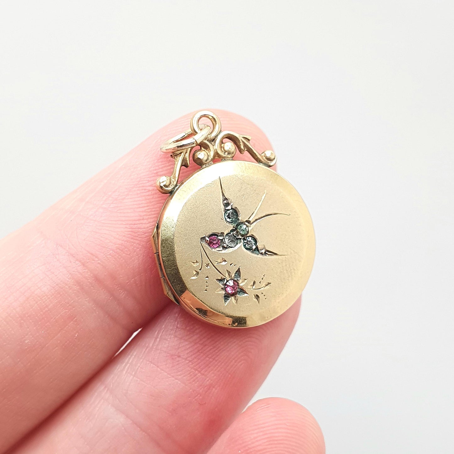 Antique 9ct 9k Gold Bird Locket Ruby Diamond Pastes Back and Front Cute Solid 375 Pendant Vintage Womens Jewelry Jewellery