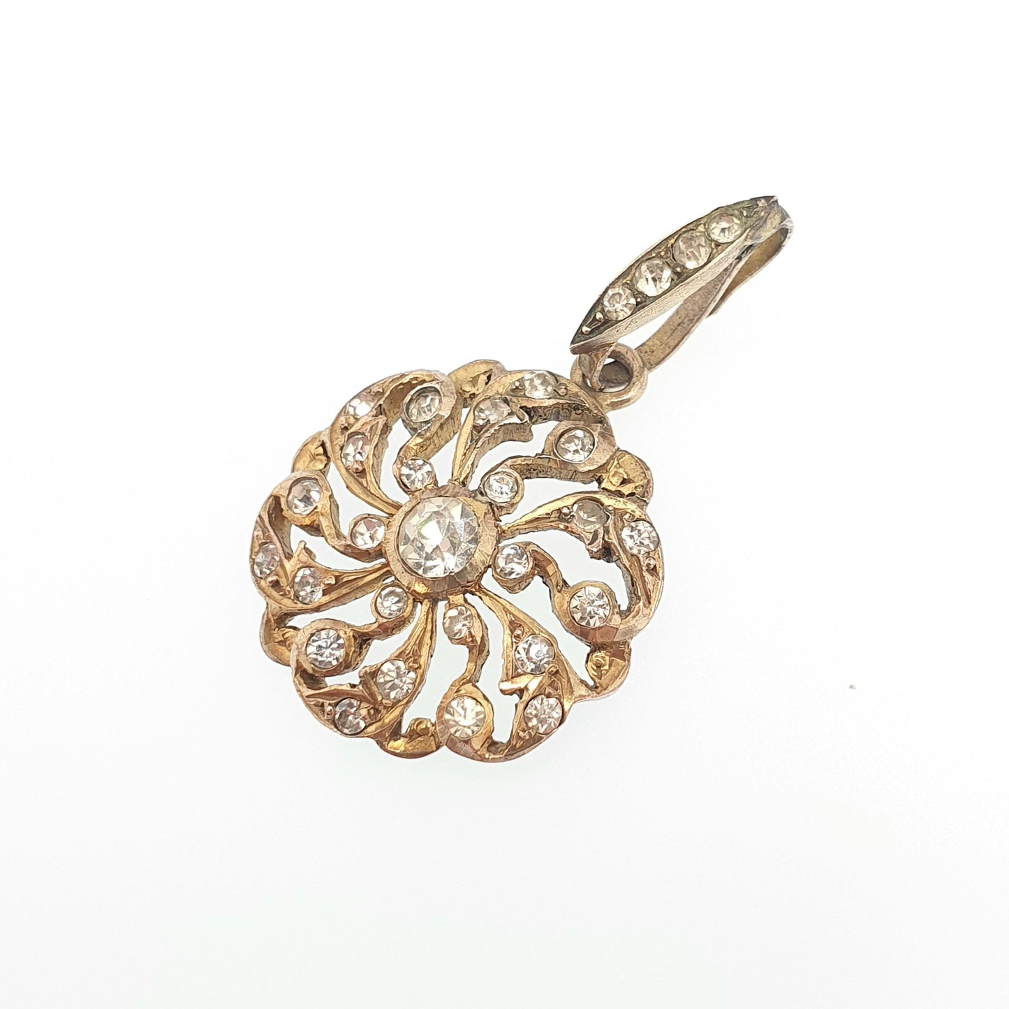 Antique Victorian Solid Silver Diamond Paste Pendant Gold Vermeil Art Nouveau Necklace Spiral Swirl Foiled Vintage Womens Jewellery Jewelry