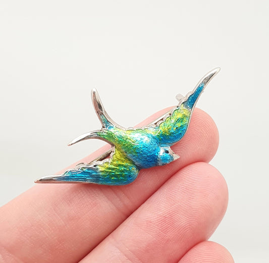 Antique CHARLES HORNER Sterling Silver Bird Brooch Pin Enamel Swallow 1908 Hallmark Vintage Womens Jewelry Jewellery