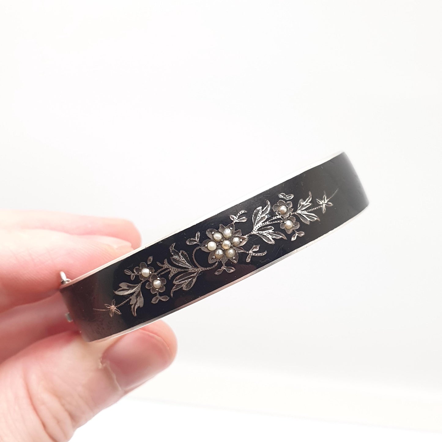 Antique Solid Silver Black Enamel Bangle Seed Pearl Bracelet Mourning Snap Vintage Jewellery Jewelry