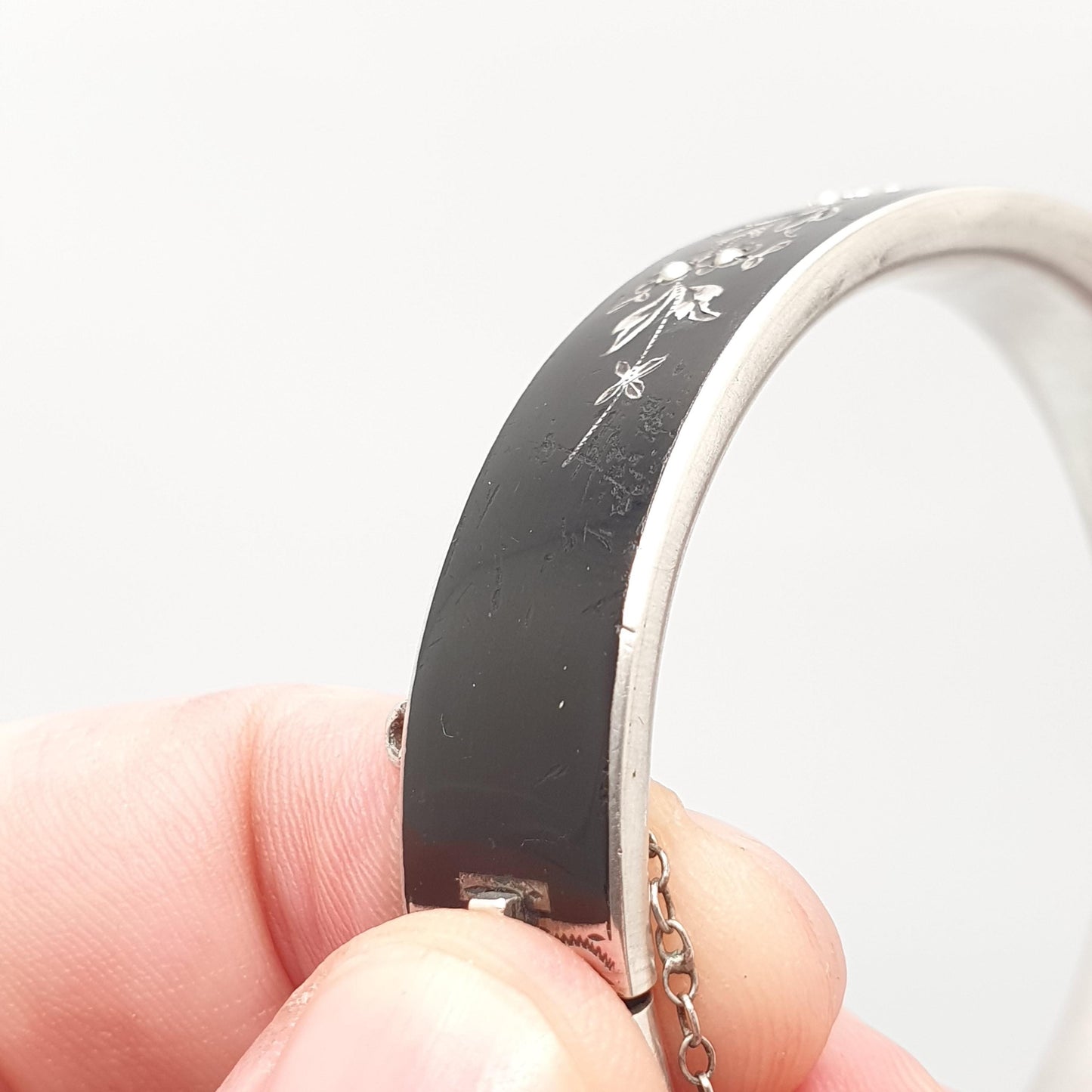 Antique Solid Silver Black Enamel Bangle Seed Pearl Bracelet Mourning Snap Vintage Jewellery Jewelry
