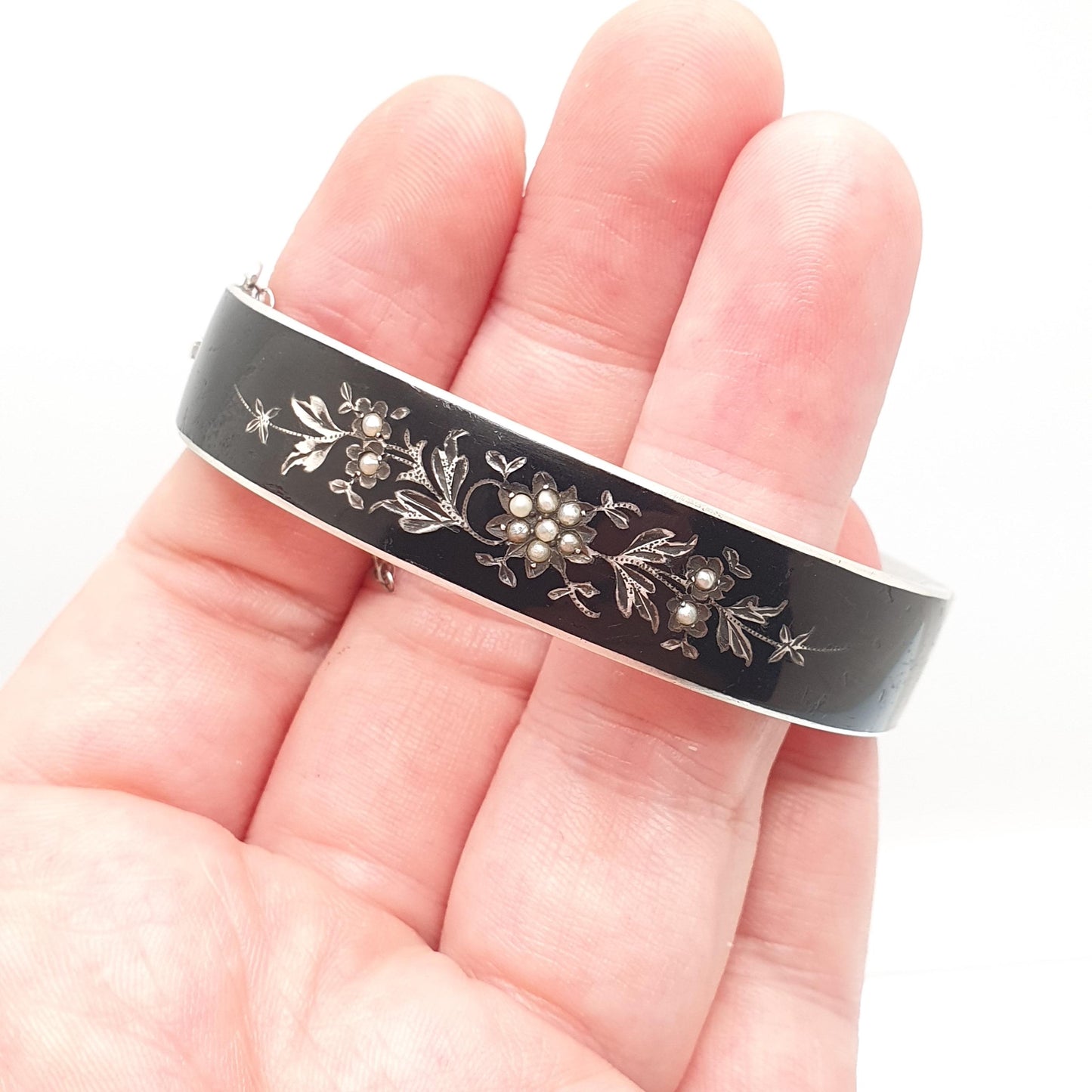 Antique Solid Silver Black Enamel Bangle Seed Pearl Bracelet Mourning Snap Vintage Jewellery Jewelry