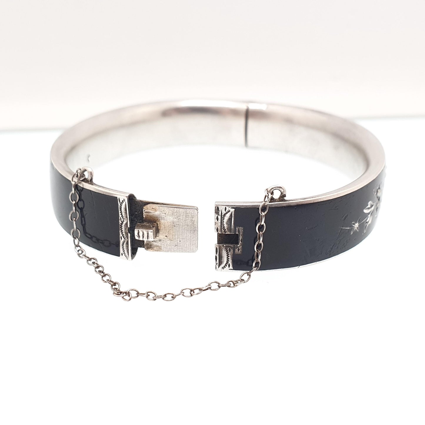 Antique Solid Silver Black Enamel Bangle Seed Pearl Bracelet Mourning Snap Vintage Jewellery Jewelry