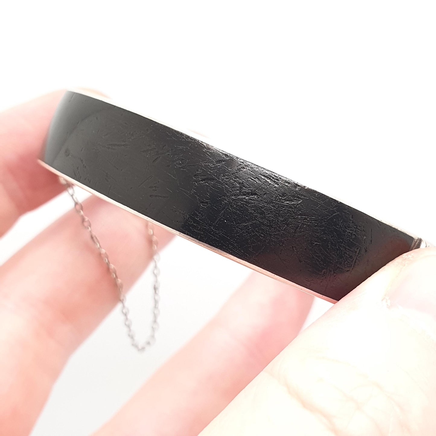 Antique Solid Silver Black Enamel Bangle Seed Pearl Bracelet Mourning Snap Vintage Jewellery Jewelry