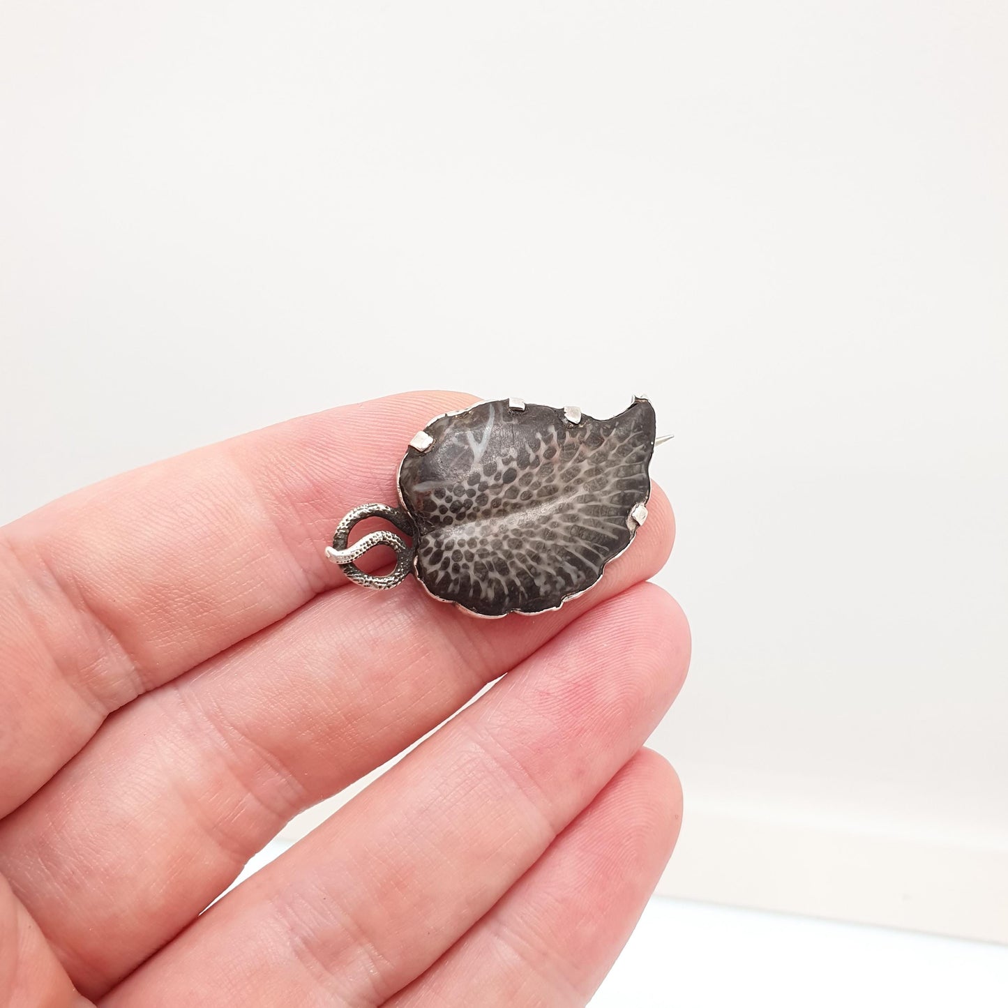 Antique Solid Silver Fossil Leaf Brooch Pin Victorian Curios Unique Ancient Genuine Real Vintage Jewellery Jewelry