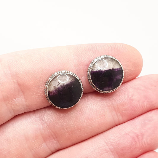 Antique Blue John Sterling Silver Earrings TLM Thomas Mott Rare Art Deco Cabochon 1920s Clip On Bleu Jaune Womens Gemstone Jewelry Jewellery