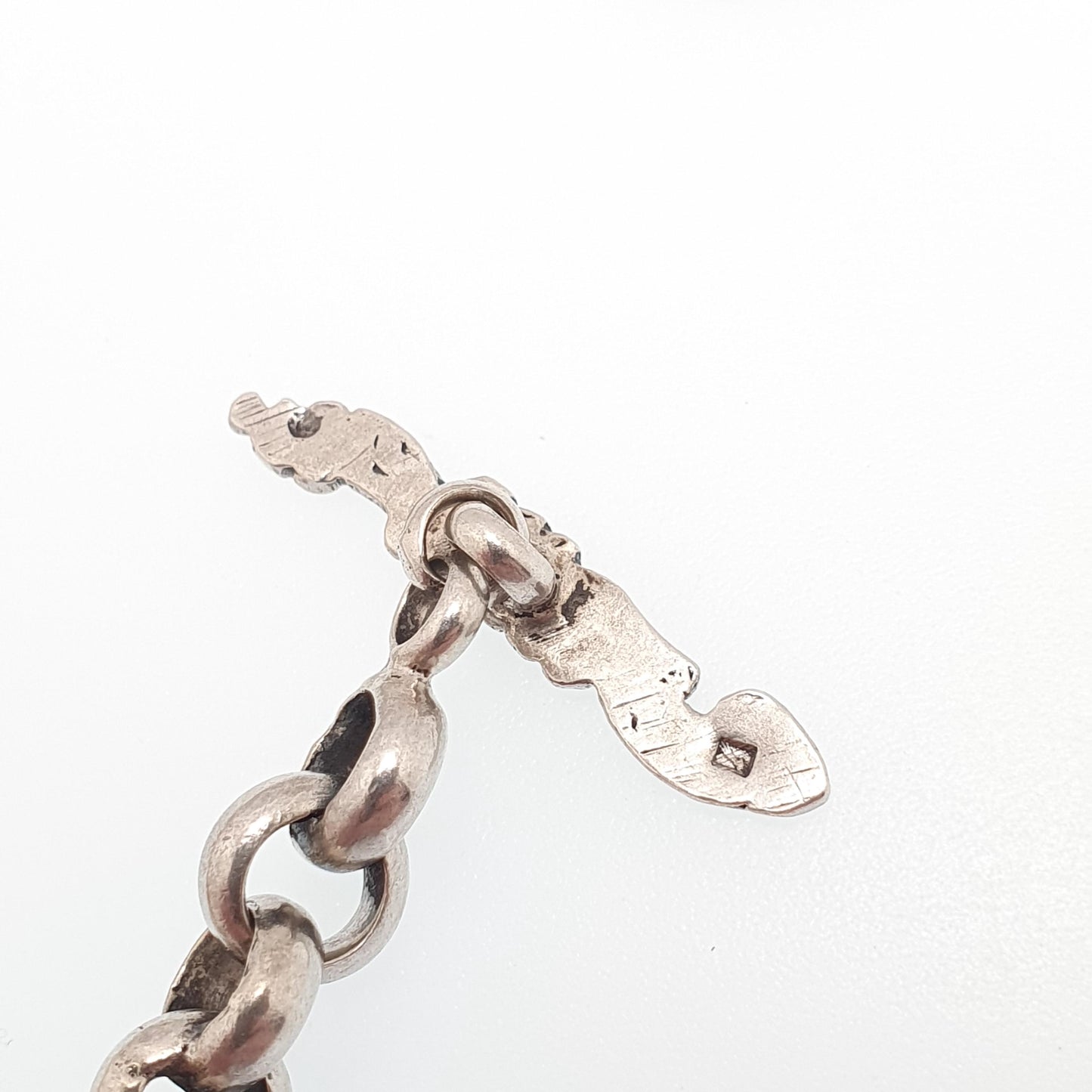 Antique Solid Silver Rolo Link Bracelet Thick Belcher Cruciform Charm Art Nouveau T Bar Clasp Heavy Gothic 28.44g Men Womens Vintage