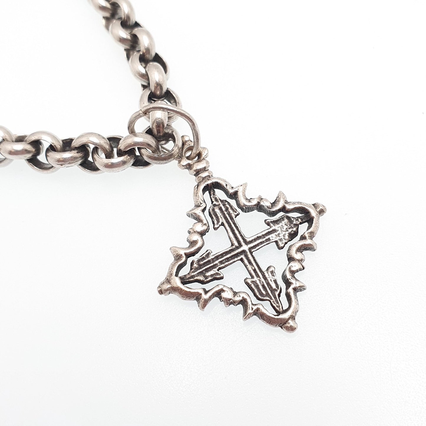 Antique Solid Silver Rolo Link Bracelet Thick Belcher Cruciform Charm Art Nouveau T Bar Clasp Heavy Gothic 28.44g Men Womens Vintage