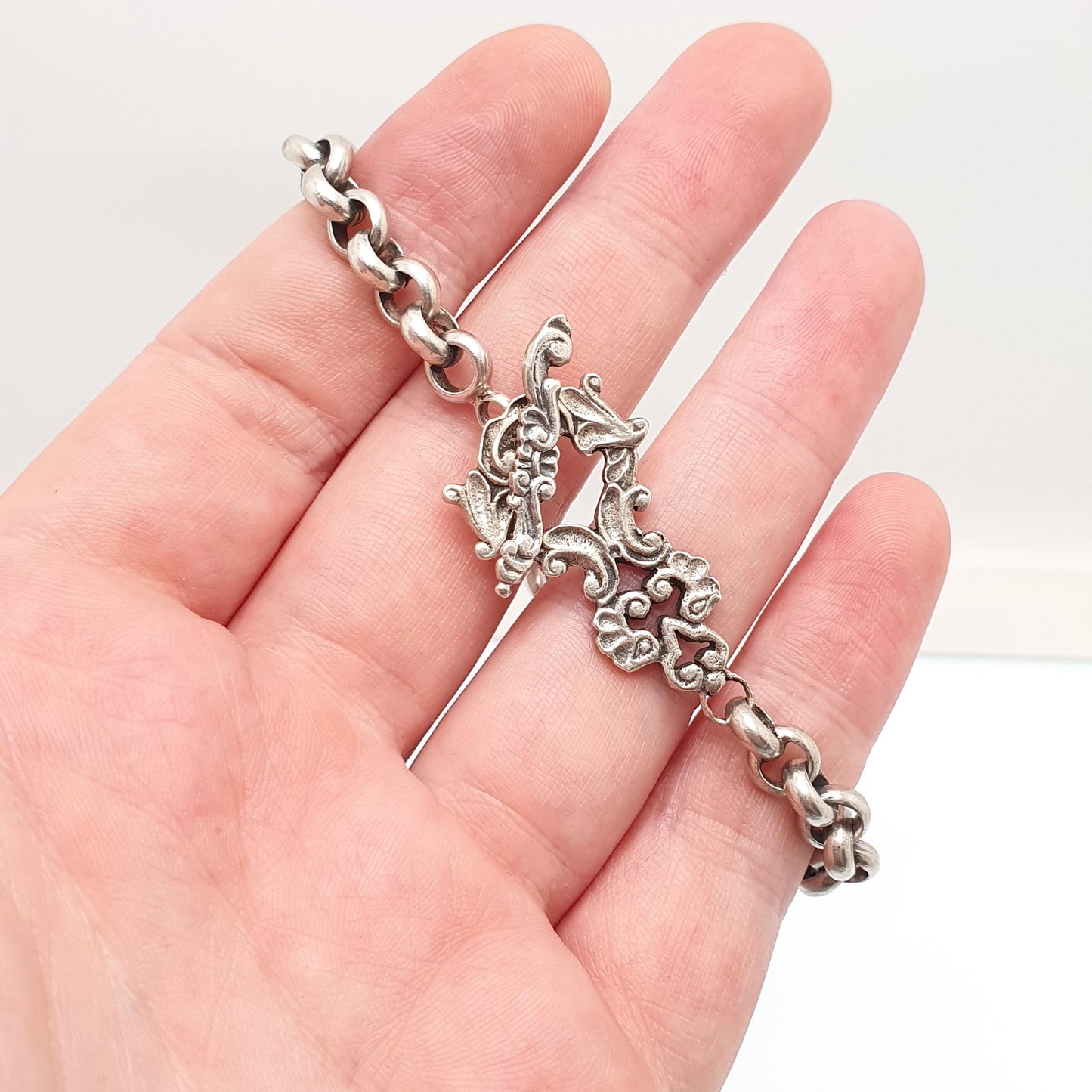 Antique Solid Silver Rolo Link Bracelet Thick Belcher Cruciform Charm Art Nouveau T Bar Clasp Heavy Gothic 28.44g Men Womens Vintage