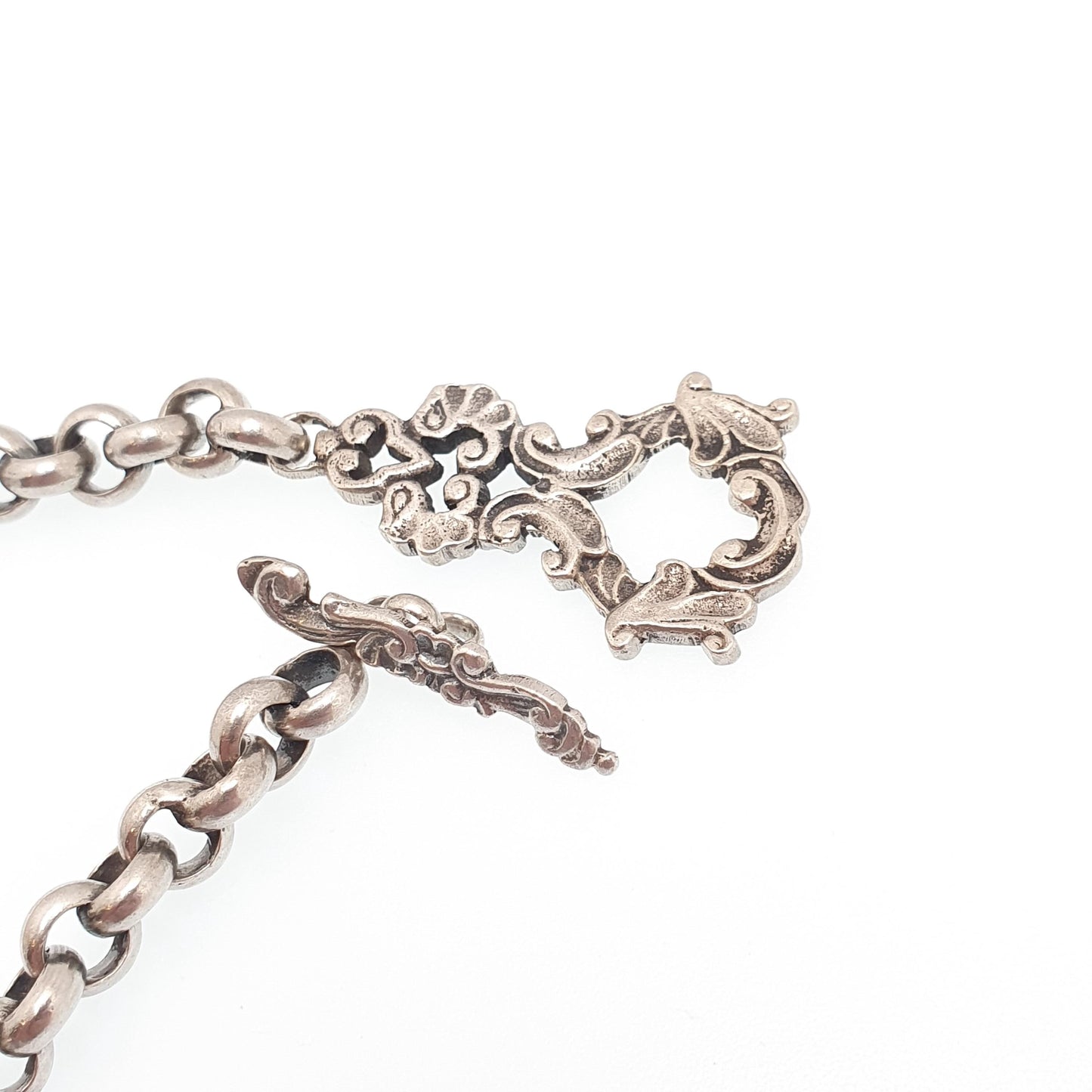 Antique Solid Silver Rolo Link Bracelet Thick Belcher Cruciform Charm Art Nouveau T Bar Clasp Heavy Gothic 28.44g Men Womens Vintage