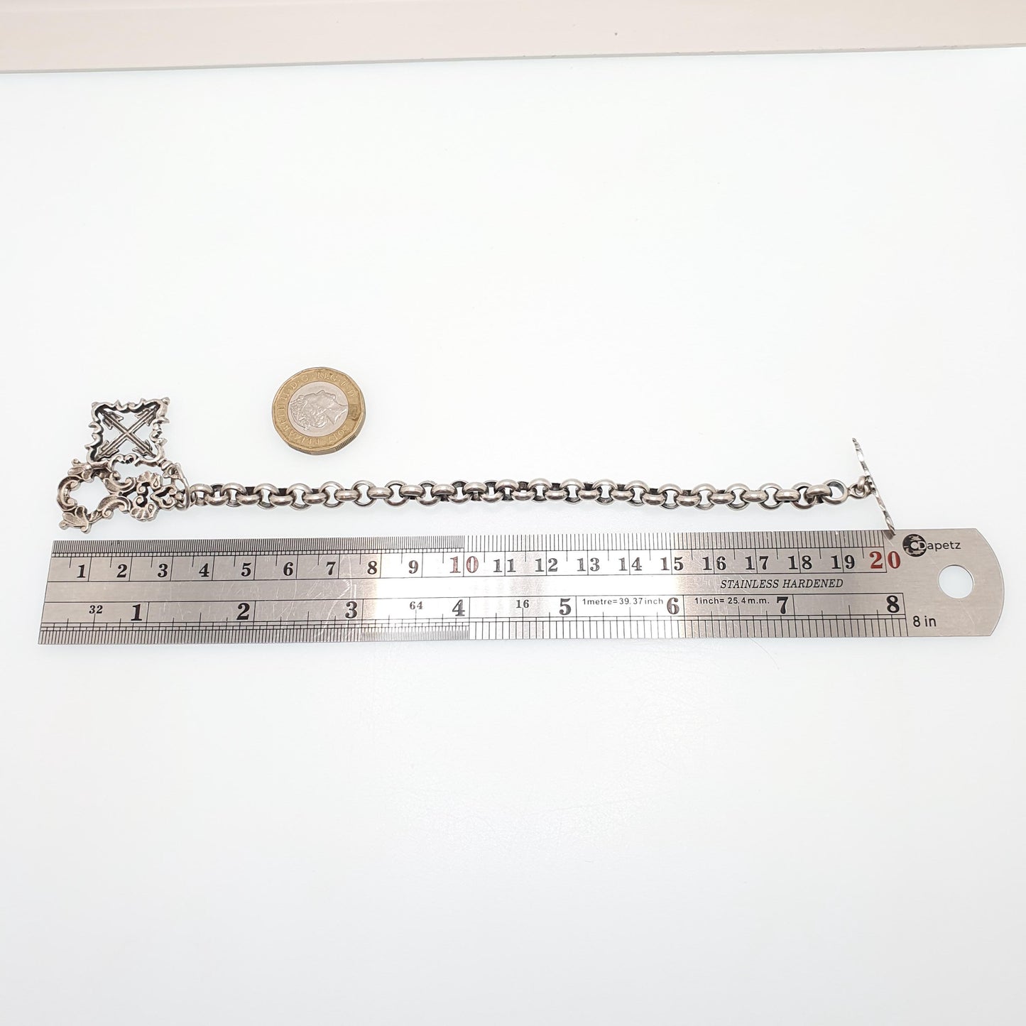 Antique Solid Silver Rolo Link Bracelet Thick Belcher Cruciform Charm Art Nouveau T Bar Clasp Heavy Gothic 28.44g Men Womens Vintage