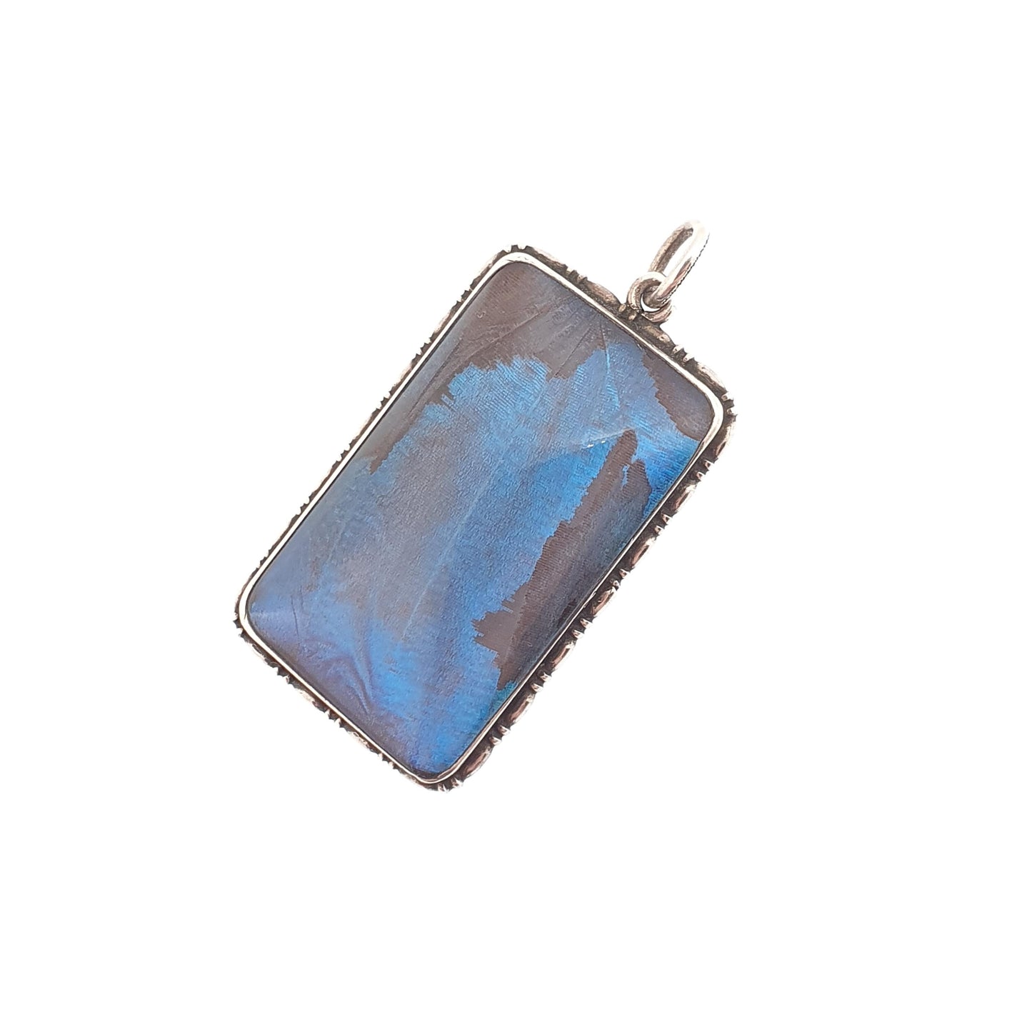 Antique Art Deco Solid Silver Butterfly Wing Necklace Pendant Rectangular Vintage 1920s Blue Bug Fly Insect Jewelry Jewellery