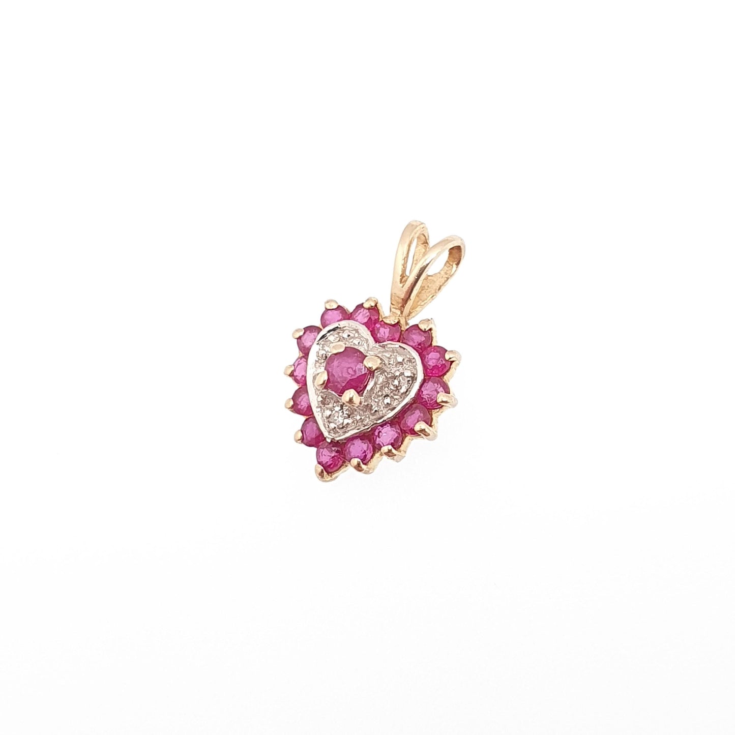 Vintage 9k 9ct Gold Ruby & Diamond Heart Necklace Pendant Genuine Gemstones Womens Jewelry Retro Jewellery