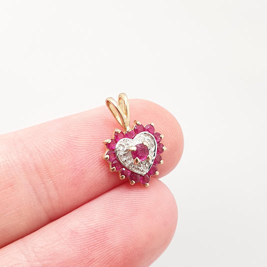 Vintage 9k 9ct Gold Ruby & Diamond Heart Necklace Pendant Genuine Gemstones Womens Jewelry Retro Jewellery