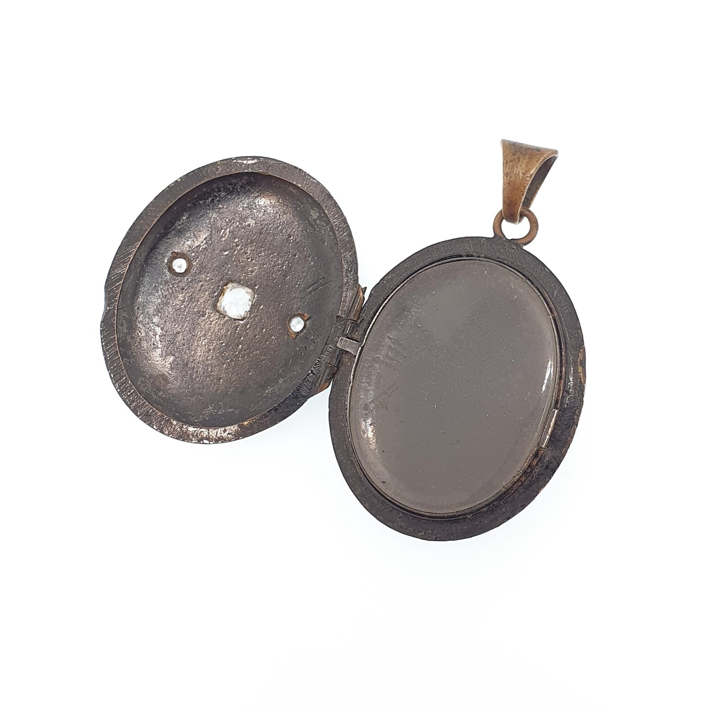 Antique Victorian Black Enamel Locket Diamond Paste Gold Tone Base Metal Large Big Pendant Necklace Oval Vintage Jewelry Jewellery