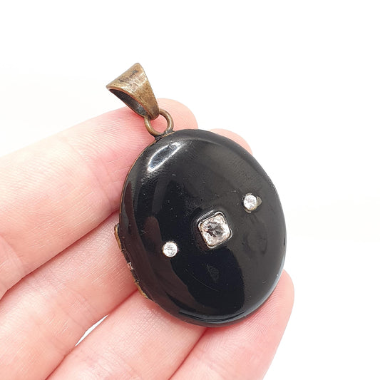 Antique Victorian Black Enamel Locket Diamond Paste Gold Tone Base Metal Large Big Pendant Necklace Oval Vintage Jewelry Jewellery