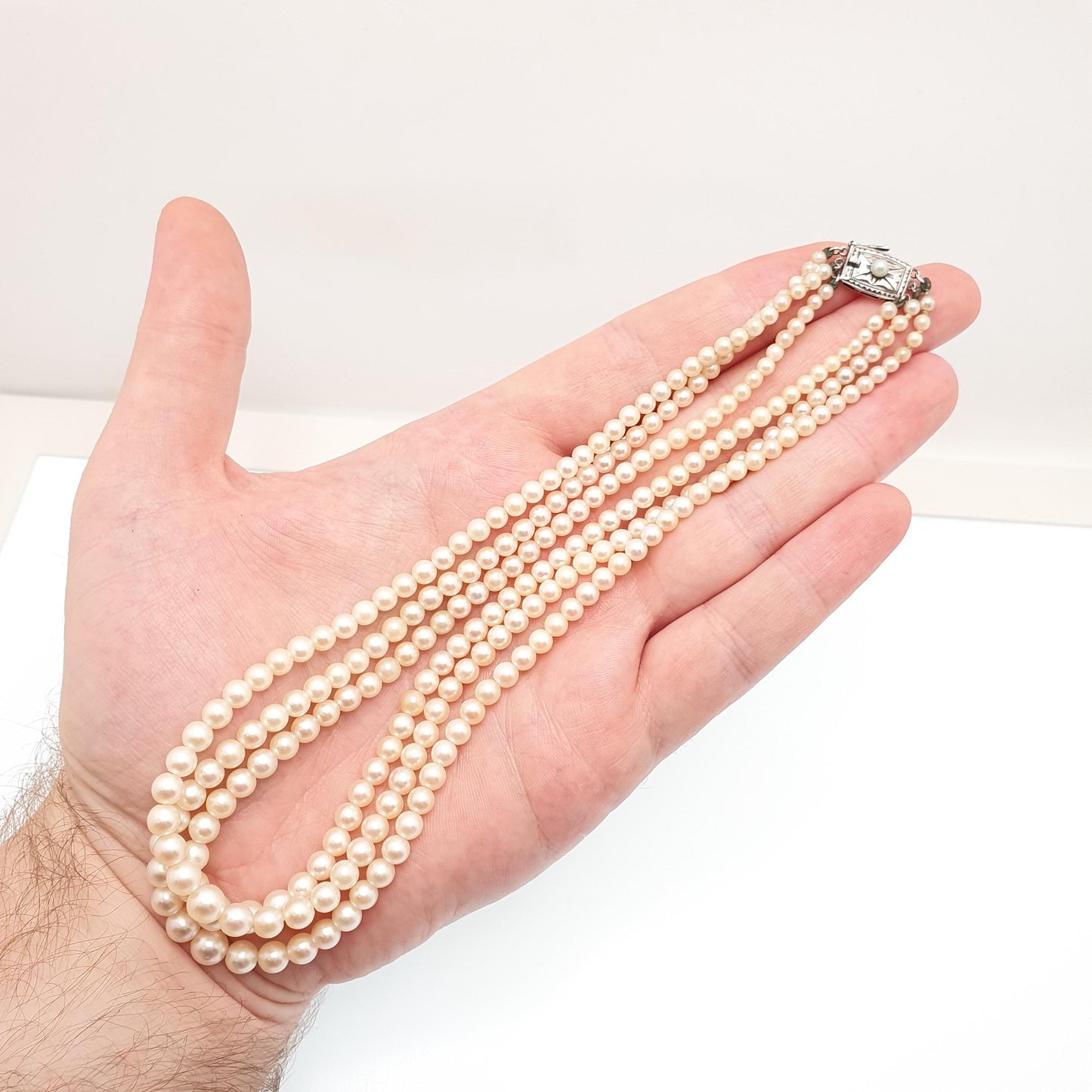 Vintage MIKIMOTO Pearl Necklace Triple Strand Sterling Silver Clasp Cultured Akoya Japanese Choker 36.5cm 14.3" 35.48g Womens