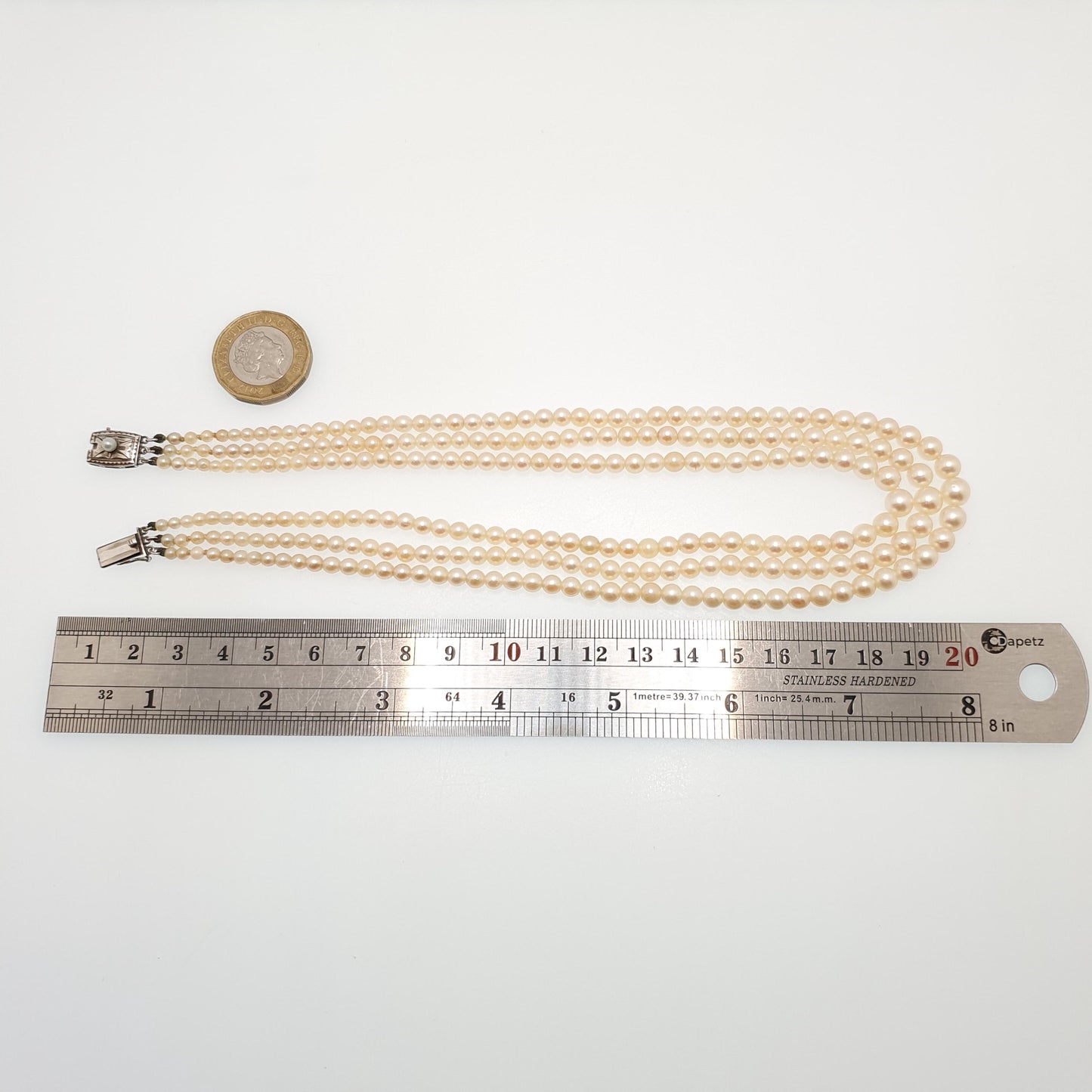Vintage MIKIMOTO Pearl Necklace Triple Strand Sterling Silver Clasp Cultured Akoya Japanese Choker 36.5cm 14.3" 35.48g Womens