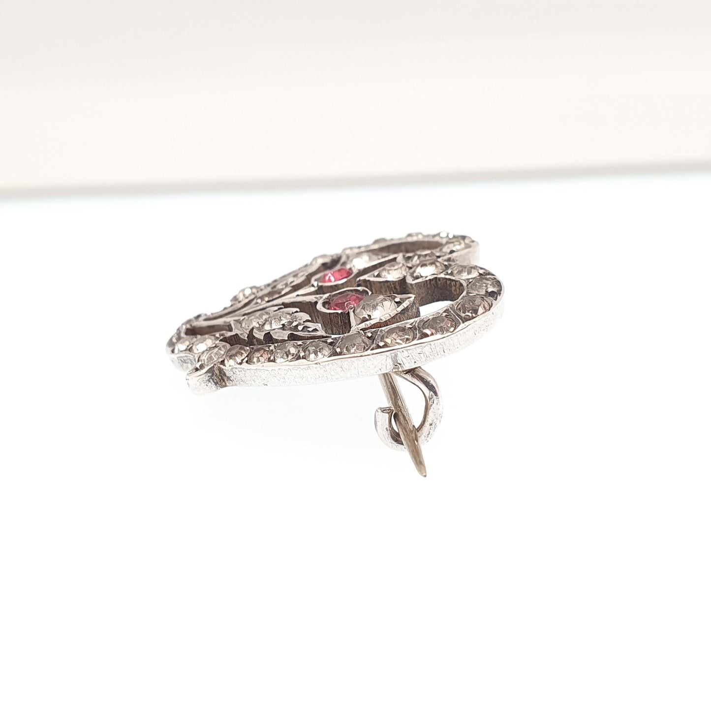 Antique Sterling Silver Thistle & Heart Paste Brooch 1901 Hallmark Scottish Flower Vintage Diamond Tone Ruby Tone Pin Witches Vintage