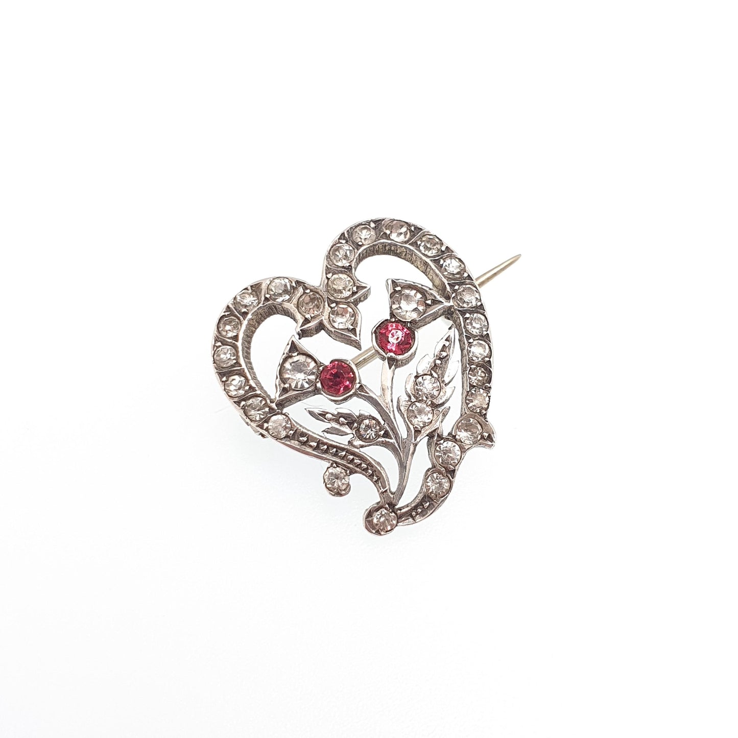 Antique Sterling Silver Thistle & Heart Paste Brooch 1901 Hallmark Scottish Flower Vintage Diamond Tone Ruby Tone Pin Witches Vintage