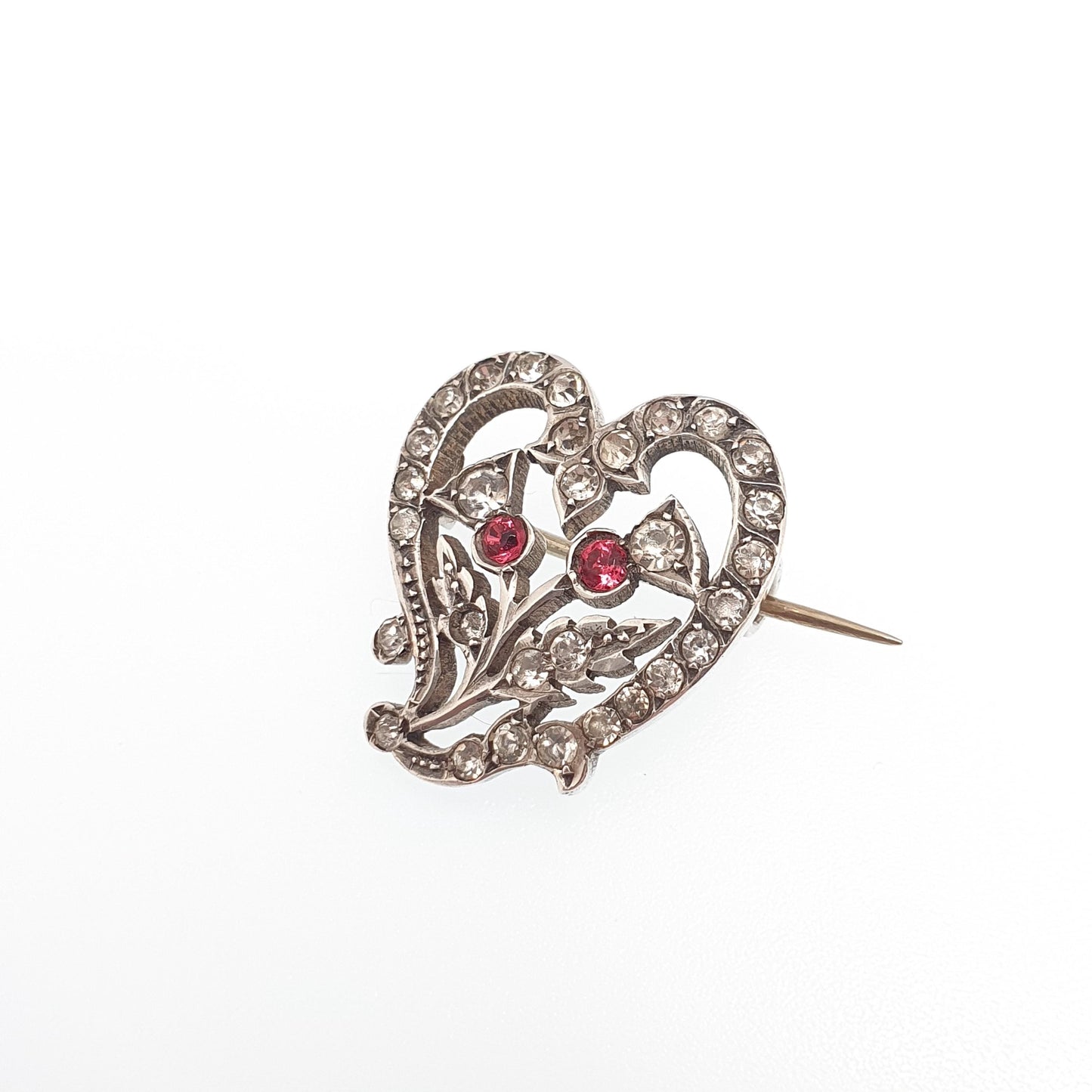 Antique Sterling Silver Thistle & Heart Paste Brooch 1901 Hallmark Scottish Flower Vintage Diamond Tone Ruby Tone Pin Witches Vintage