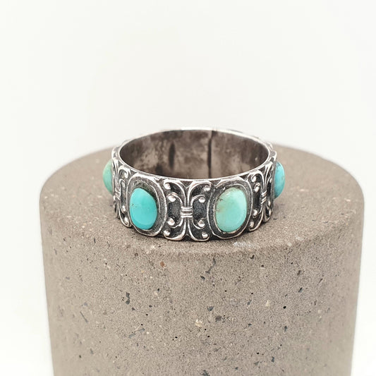 Antique Victorian Solid Silver Turquoise Ring Forget Me Not Natural Gemstones Flower Floral Signet Vintage 1800s Rare Genuine Jewelry