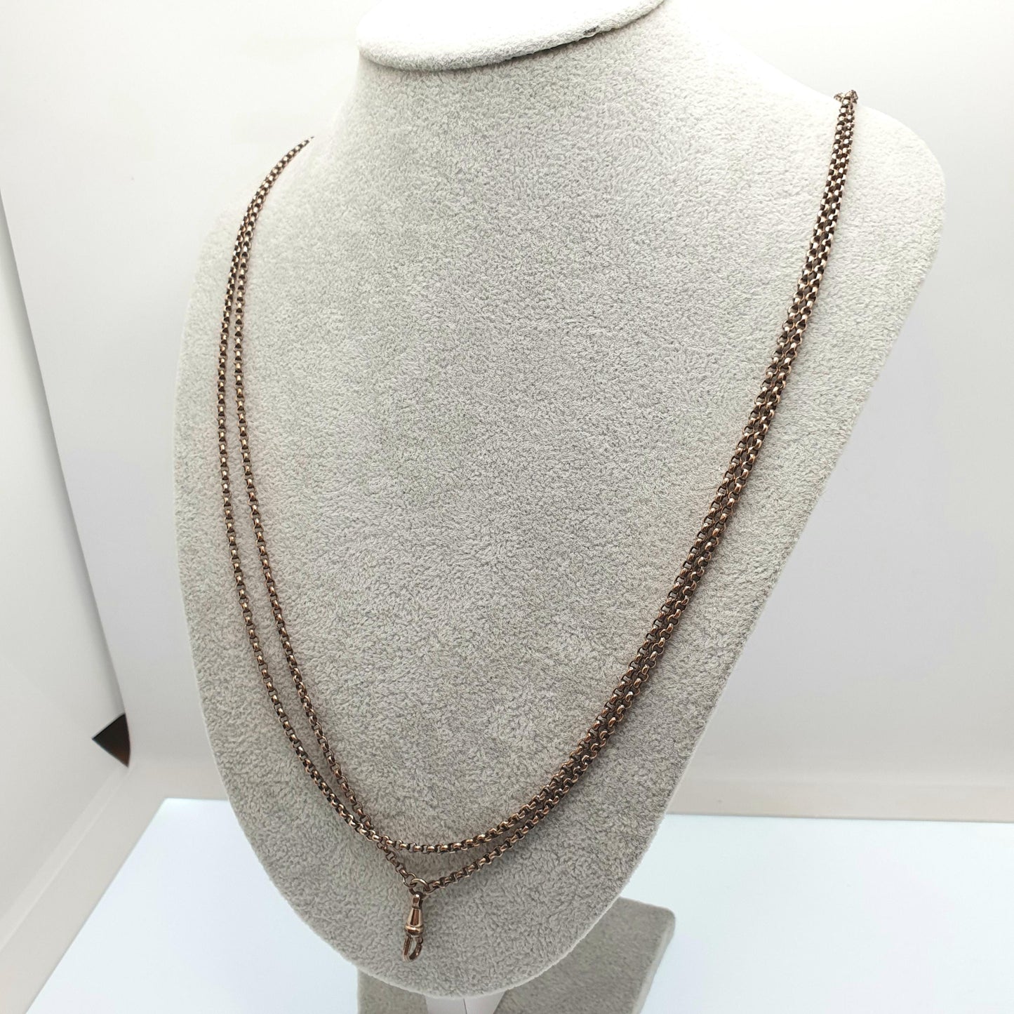 Antique Victorian Muff Chain Necklace Rolo Belcher Link Rose Gold Gilt Dog Clip Long 144cm 24.34g Guard Vintage