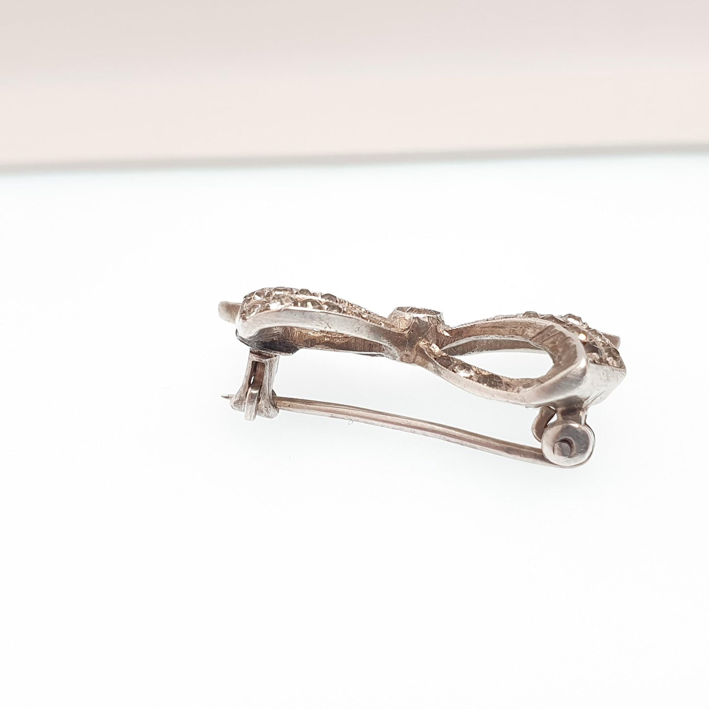 Antique Solid Silver Diamond Paste Brooch Art Deco Bow Ribbon Pin Scroll 1920s Flapper Sparkly Vintage Jewellery Jewelry