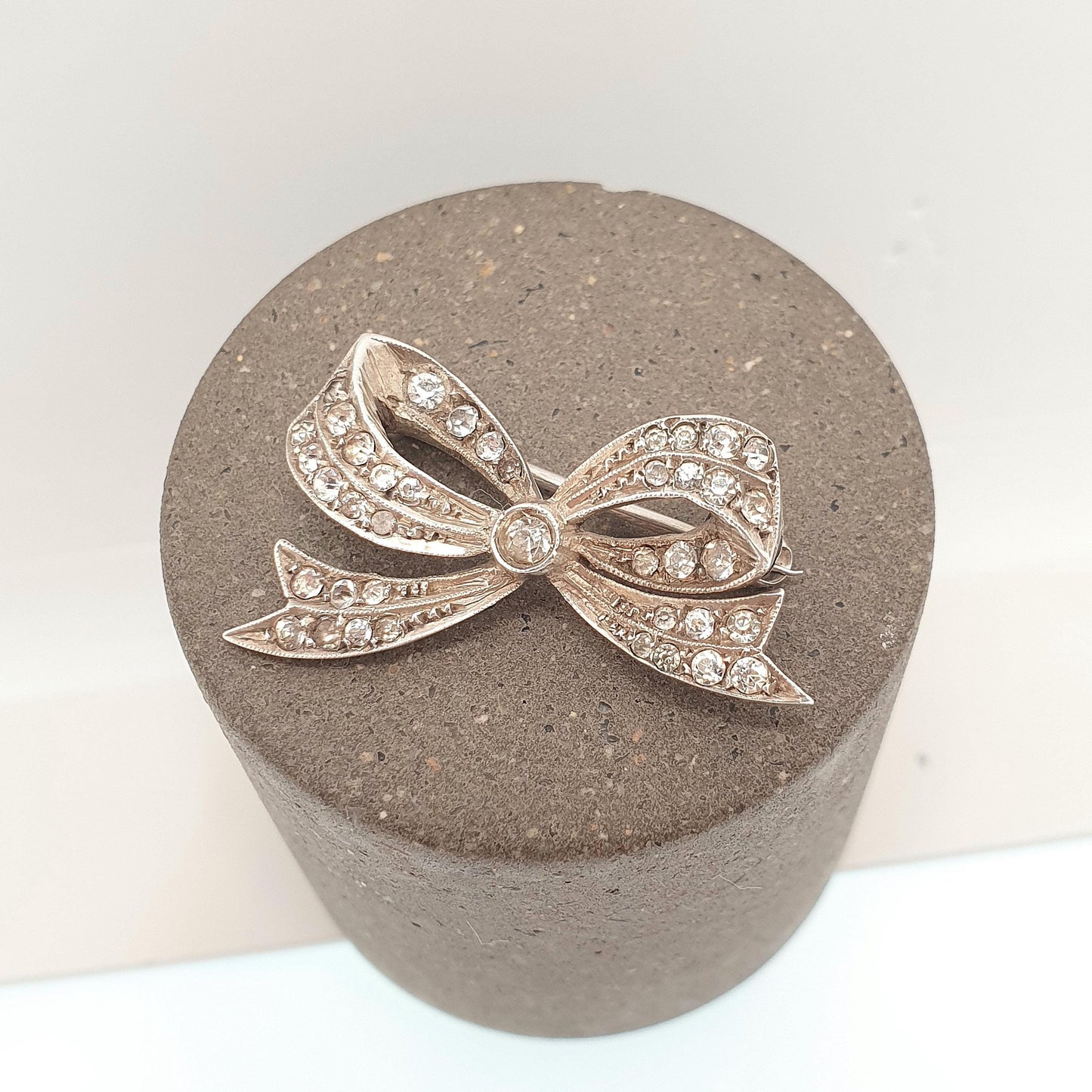 Antique Solid Silver Diamond Paste Brooch Art Deco Bow Ribbon Pin Scroll 1920s Flapper Sparkly Vintage Jewellery Jewelry