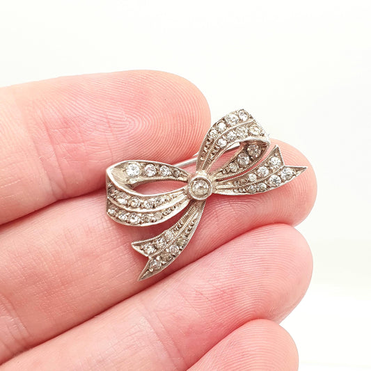Antique Solid Silver Diamond Paste Brooch Art Deco Bow Ribbon Pin Scroll 1920s Flapper Sparkly Vintage Jewellery Jewelry