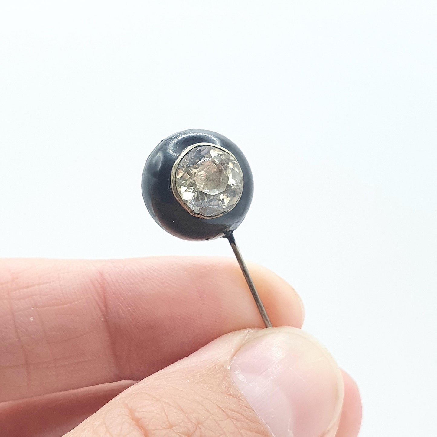 Antique Victorian Whitby Jet Diamond Paste Stick Pin Round Solitaire Foiled Base Metal Lapel Jacket 1800s Black Genuine Jewelry Jewellery