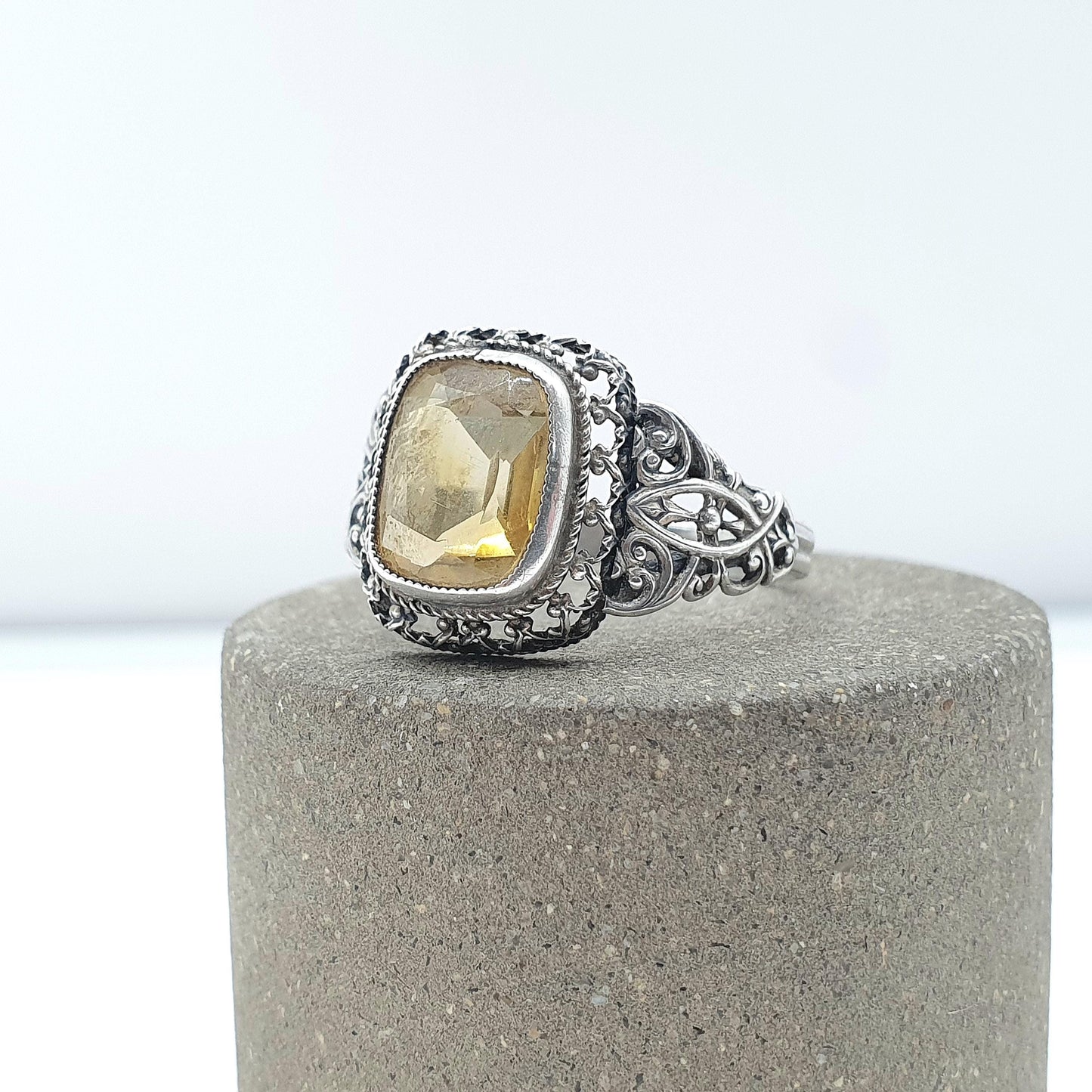 Antique Victorian Solid Silver Citrine Ring Art Nouveau Natural Gemstone Vintage Women Jewellery Jewelry UK S US 9